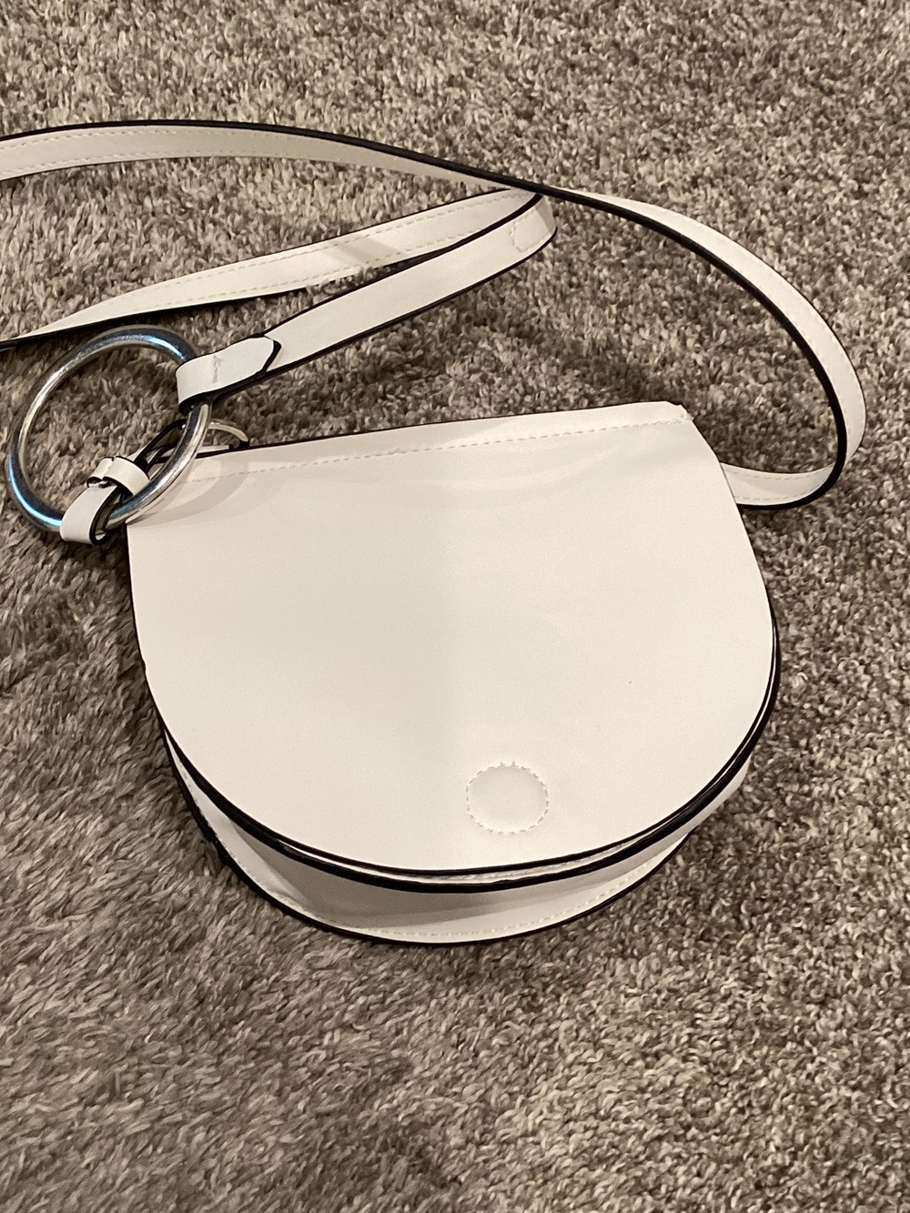 Zara White Leather Crossbody Saddle Bag with Silver Ring